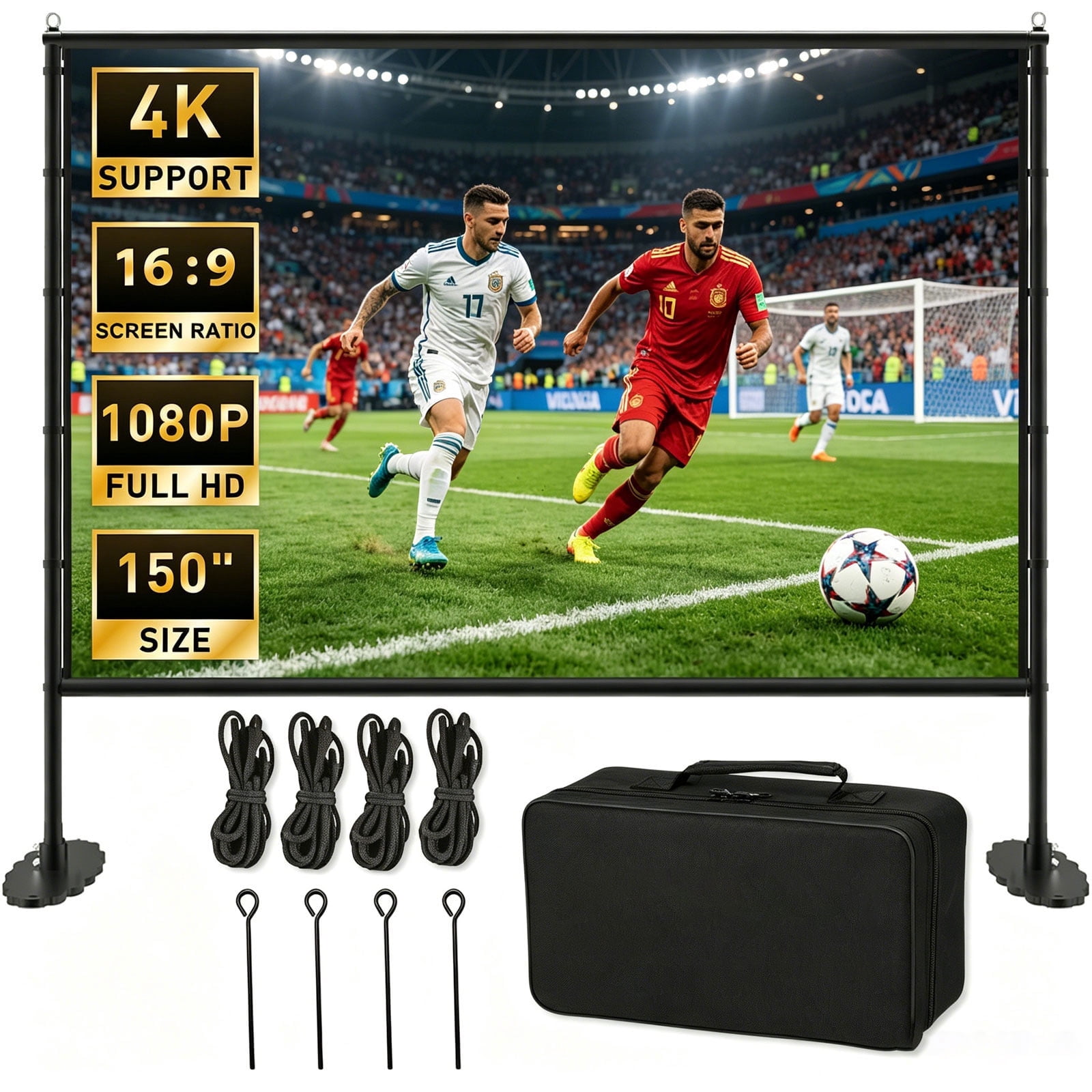 Projector Screen with Stand, 150 inch Indoor Outdoor Projection Screen, Portable 16:9 4K HD Rear Front Movie Screen with Carry Bag Wrinkle-Free Design for Home Theater Backyard Cinema