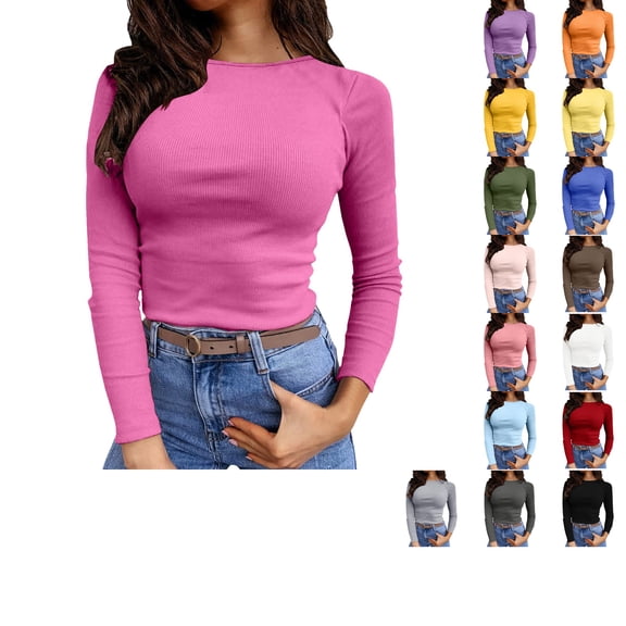 Bmisegm Womens Cotton Crewneck Tee Womens Long Sleeve Stretch Crewneck Ribbed T Shirt Fitted Casual Basic Tops Ladies Basic Tops Red_001 XL