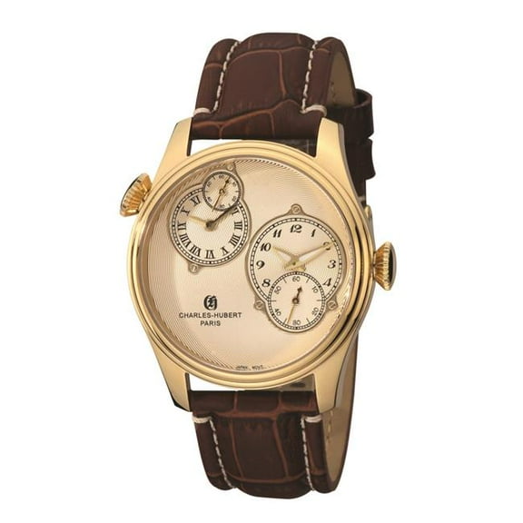 Charles Hubert Mens Classic SS Gold Dial Dual Time Polished Watch