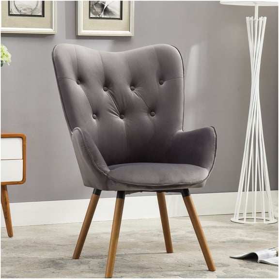 Modern Gray Velvet Tufted Accent Chair with Button Back for Living Room