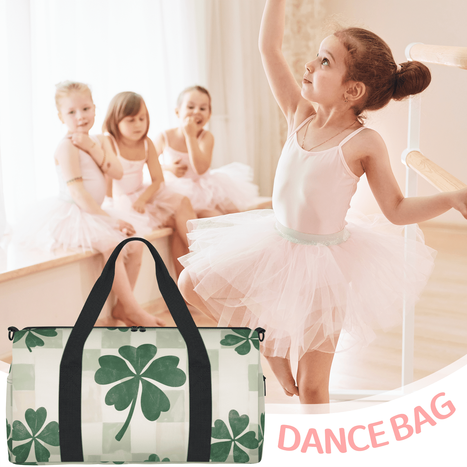 Herdesigns St. Patrick's Day Leaf Clovers Gym Bag for Women, Duffle Bag for Travel Sport, Lightweight Waterproof Carry on Weekender Overnight Dance Yoga Workout Bags