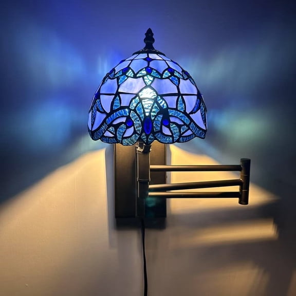 Tiffany Style Sconce Lamp Plug In Swing Arm Blue Stained Glass Baroque Style LED Bulb Included 13”W*8”D*15”H