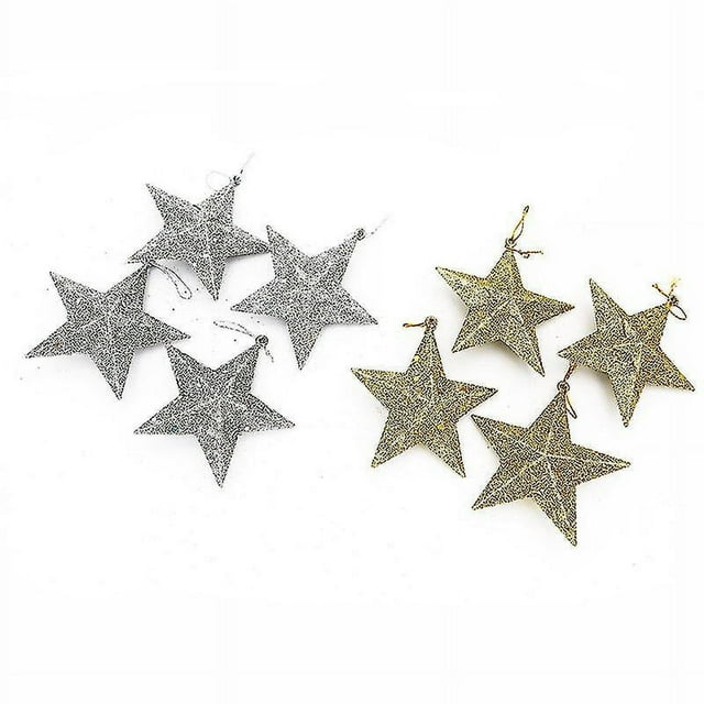 Decoraciones para árboles de Navidad: adornos colgantes de estrellas, adornos festivos de estrellas con brillo dorado, 3,7 pulgadas (2 juegos, dorado + plateado)
