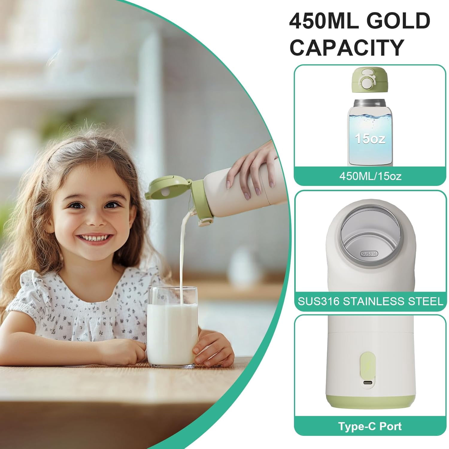 Portable Baby Bottle Warmer for Travel, 15oz Milk & Formula Warmer with Precise Temperature Control, Even Heating & Long Battery Life