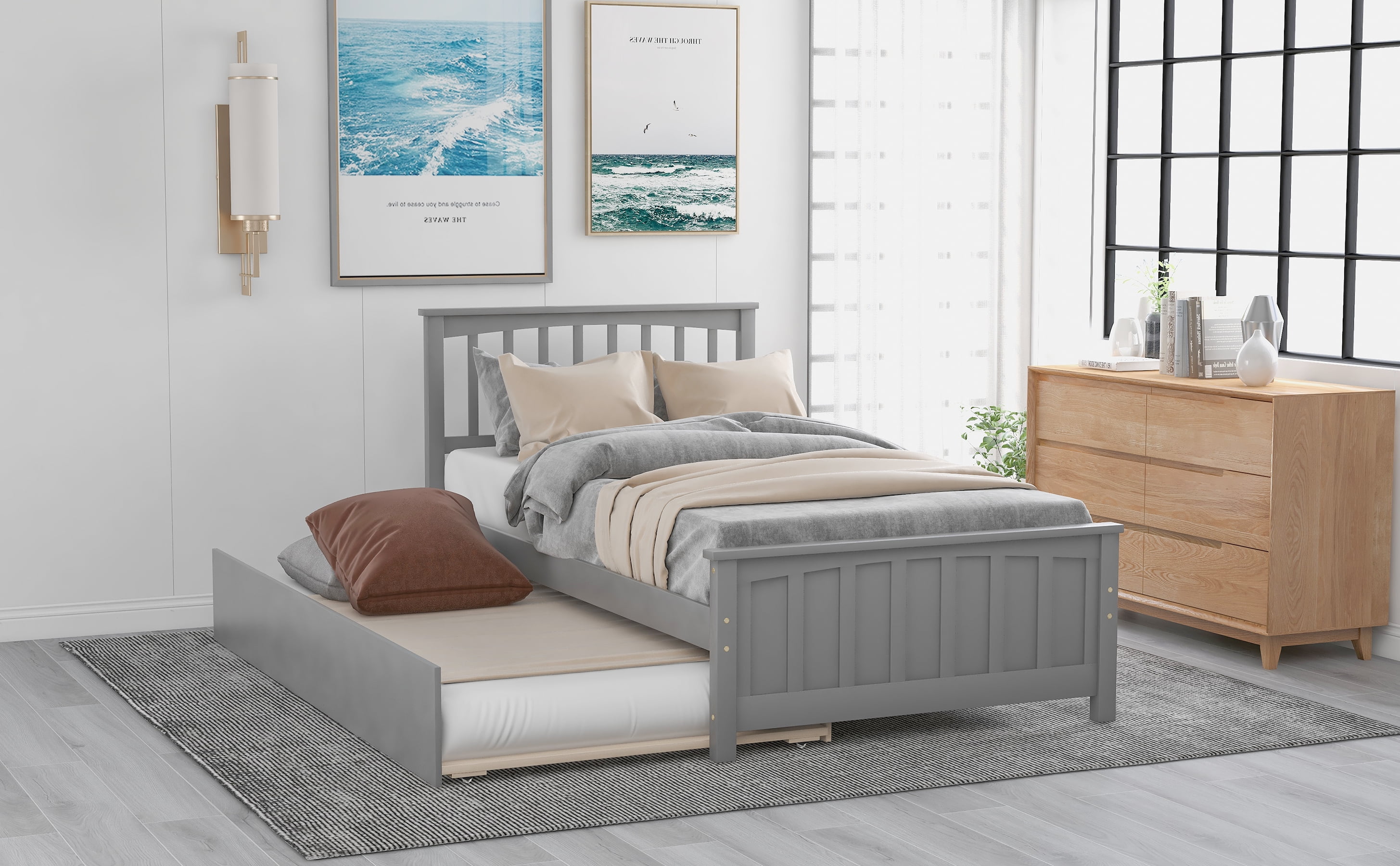 Mintazer Twin Size Platform Bed Frame with Pull Out Trundle Bed, Vertical Slatted Headboard & Panel Footboard for Kids Teens Adults Bedroom, No Box Spring Needed, Gray