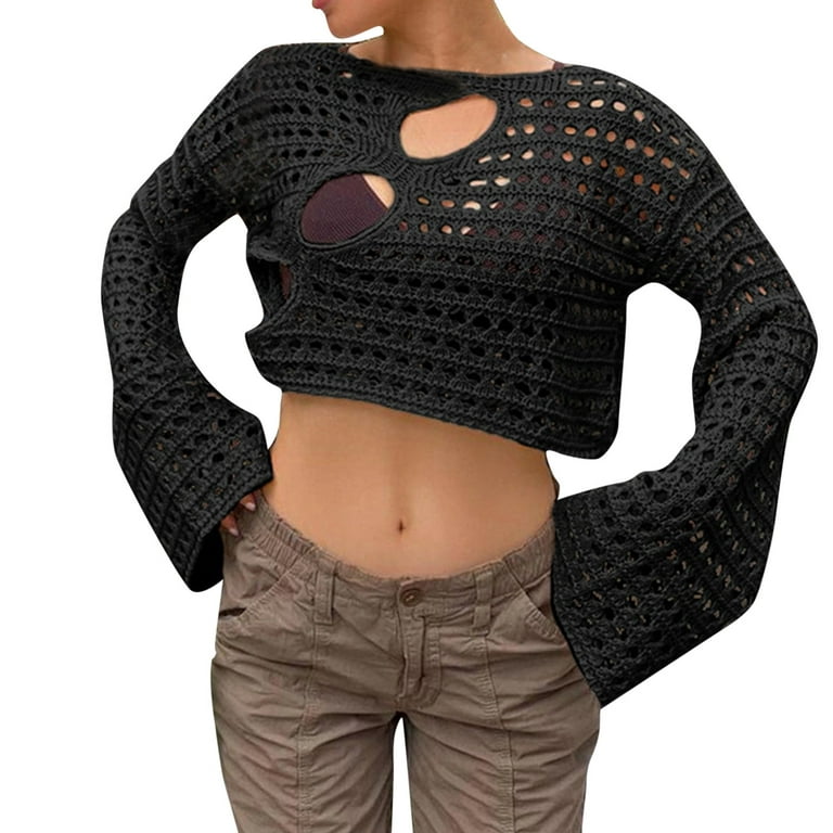 Womens Shirts Hollow Out Long Sleeve Crochet Knitted Short Transparent Fishnet  Tops for Women 