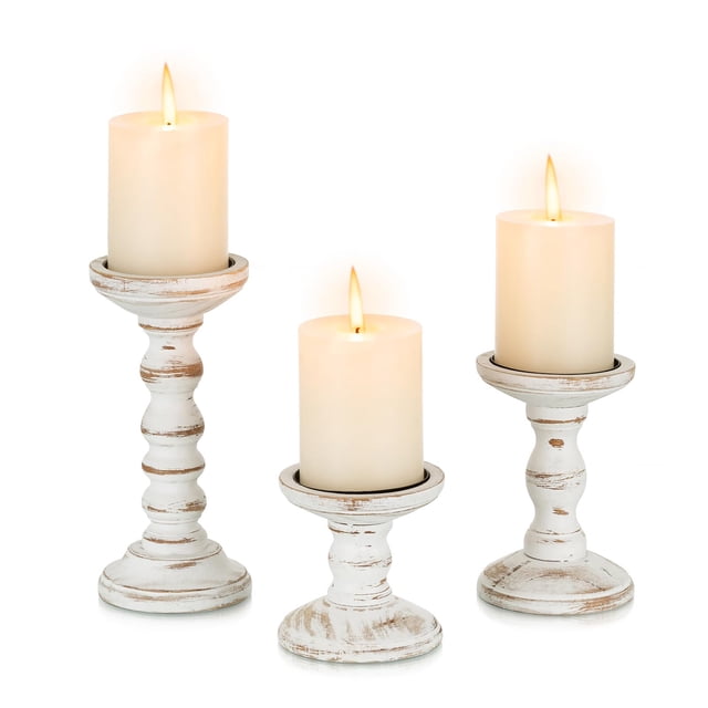 Juego de 3 portavelas de madera Candeldo, estilo rústico blanco farmhouse