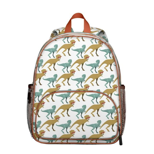 Cute Baby Dinosaur Student Backpack – Cartoon Dino Print with Colorful Forest, Watercolor Planets, and Abstract Jungle Pattern