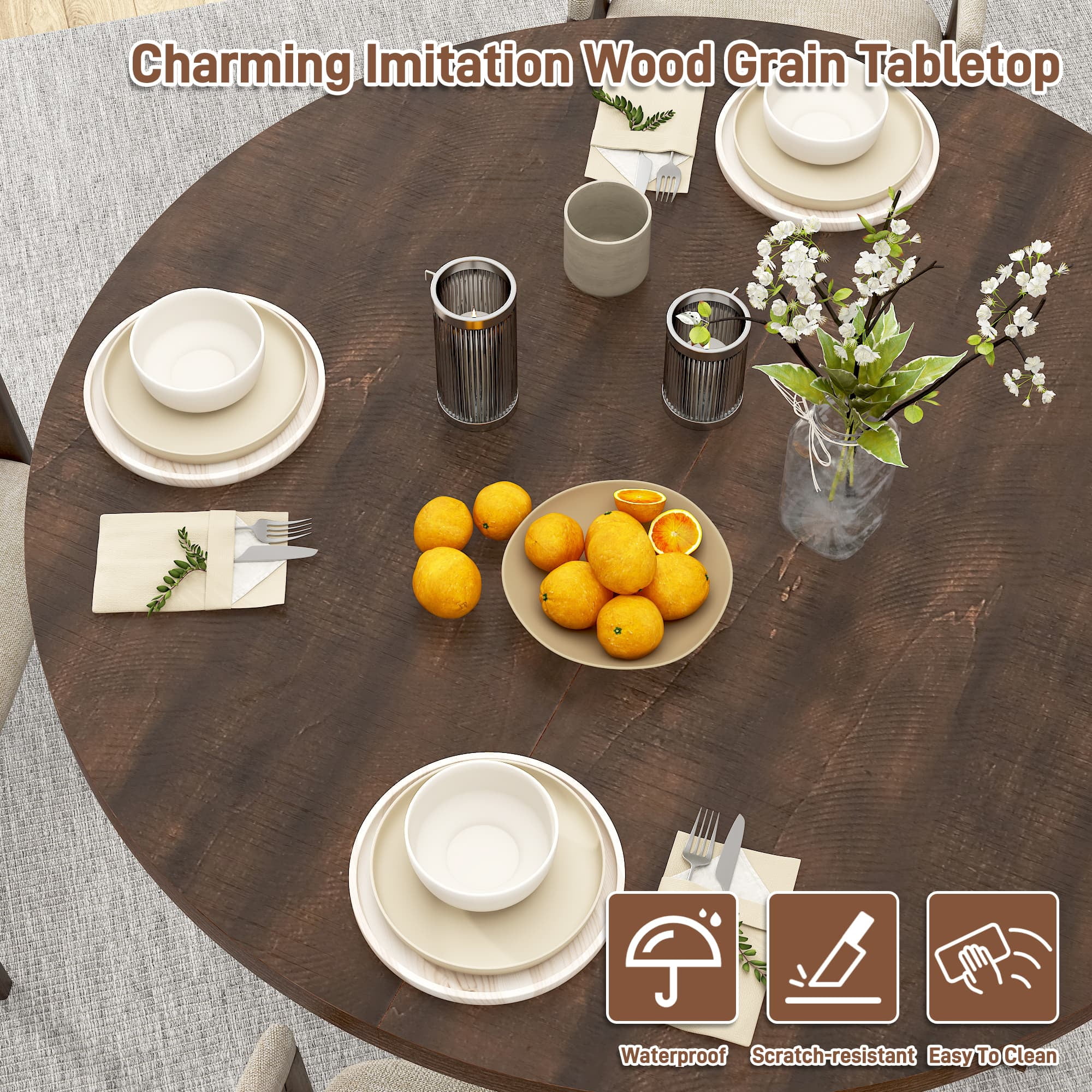 47" Round Dining Table for 4 to 6 People, Modern Farmhouse Kitchen Table with Thickened Waterproof Top, Sturdy X-Base Pedestal Table for Small Spaces, Dining Room, Rustic White