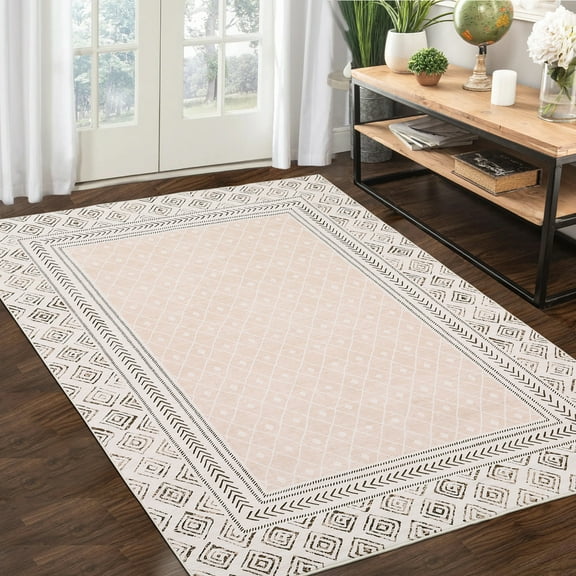 CAROMIO 8' x 10' Area Rug for Living Room Bordered Vintage Check Rug Non Slip Throw Rugs Geometrical Bedroom Rug, Beige/Camel