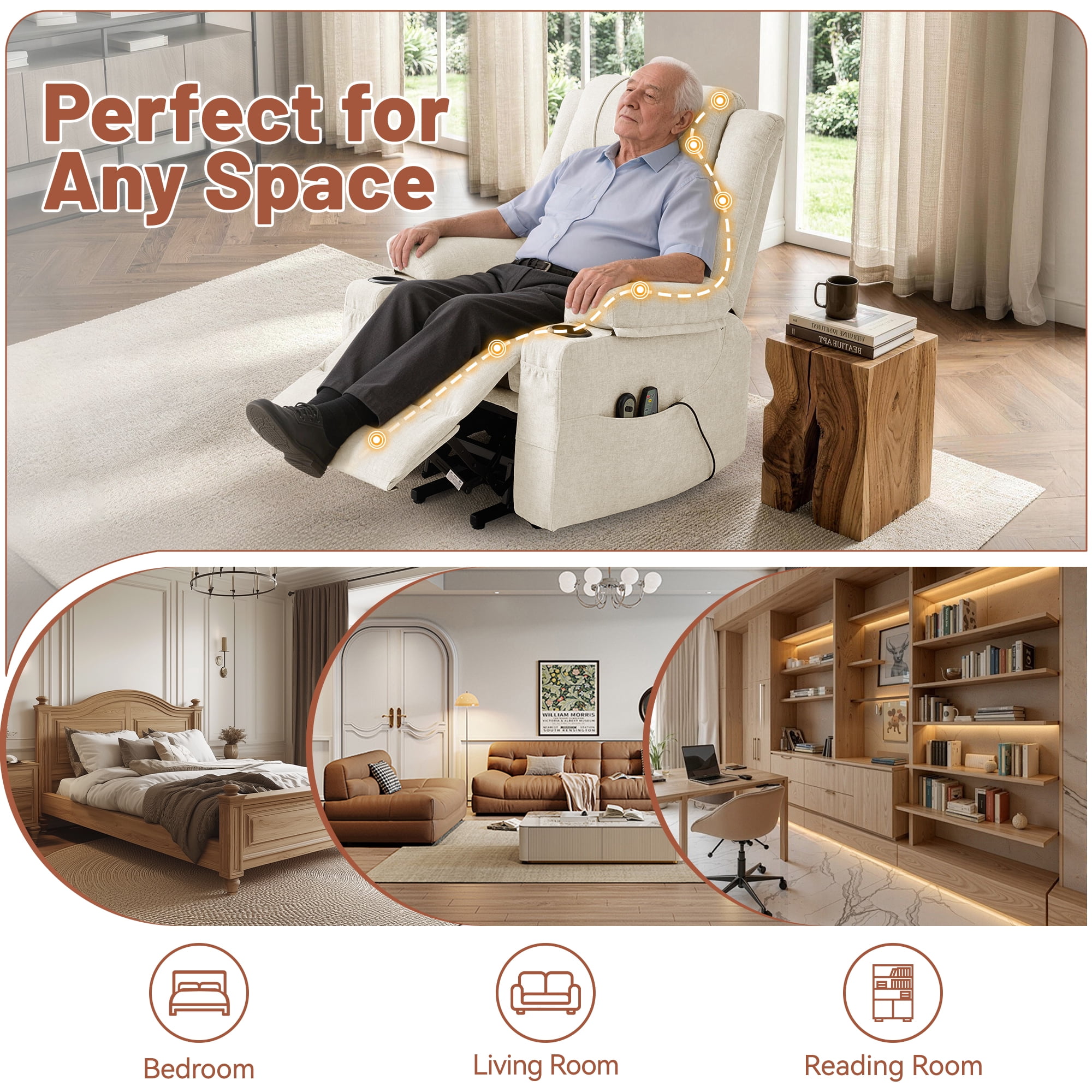 Korser Power Lift Recliner Chair for Elderly with Massage and Heat,Electric Lift Reclining Chair with Side Pockets and Cup Holders,Massage Recliner Chair for Living Room,Chenille,Beige