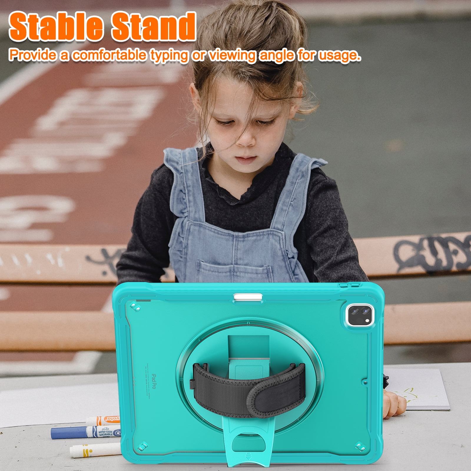 Dteck Case for iPad Pro 12.9-inch 3rd/4th/5th/6th Generation (2018/2020/2021/2022),Military Grade Shockproof Silicone Cover 360° Rotatable Stand- Shoulder Strap- Handle- Pencil Holder,Blue