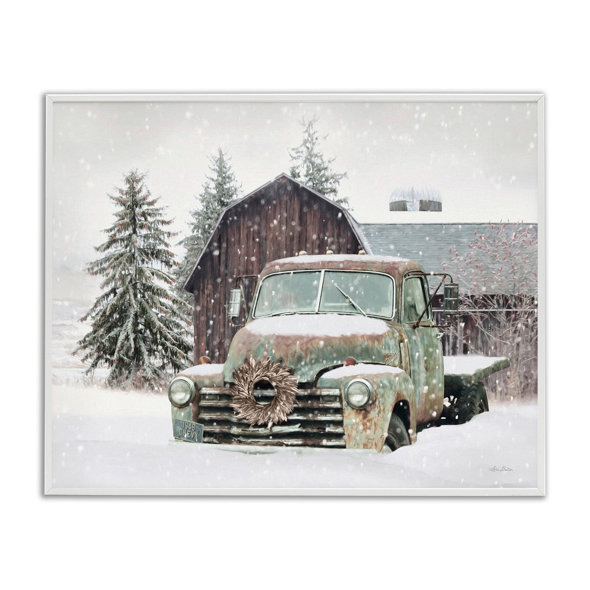 Rural Vintage Truck & Barn Snowy Winter Landscape Transportation Painting Framed Art Print Wall Art