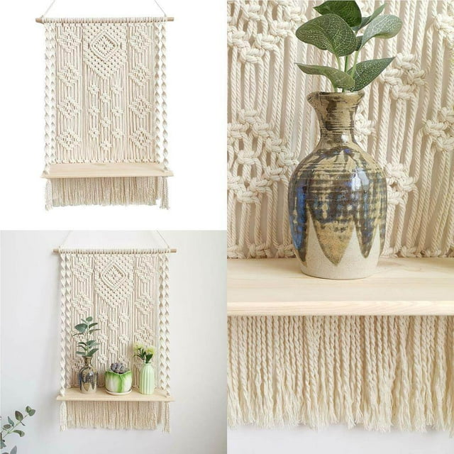 Bohemian Macrame Wall Hanging Shelf Handmade Rope Plant Pot Holder Macrame Rope Plant Hanger Functional Hanging Rope Shelf Creative Storage Holder for Home Bedroom Window