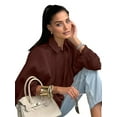 thumbnail image 2 of Women'S Puffy Bombers Jacket Oversized Street Casual Batwing Sleeve Lapel Pleated Shirt with Zipper Wine Red M, 2 of 7