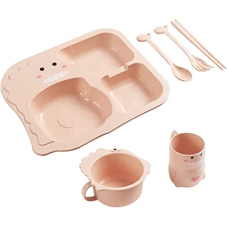 

Egebert 1 Set 6pcs Kids Kitchen Dinosaur Straw Kid Unbreakable Biodegradable Tableware Plate Picnic Baby Wheat Fork Chopsticks Bowl and Dinnerware Pink Divided Spoon Lightweight for Cup