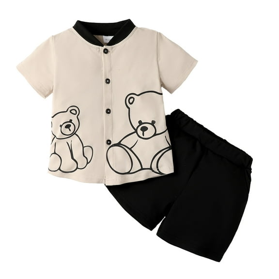 5T Baby Boys Clothes 6 Years Little Boys 2PCS Summer Outfits Set Bear Print Stand-up Collar Little Boys Short Sleeve Top Shorts Set Apricot