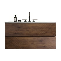 36" Wall Mount Walnut Bathroom Vanity with Ceramic Sink with Three Faucet Holes, Large Storage Floating Bathroom Vanity for Modern Bathroom, Pre-assembled