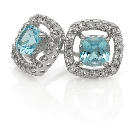 Blue Topaz Cushion-Cut with White Topaz Halo Sterling Silver Stud Earrings