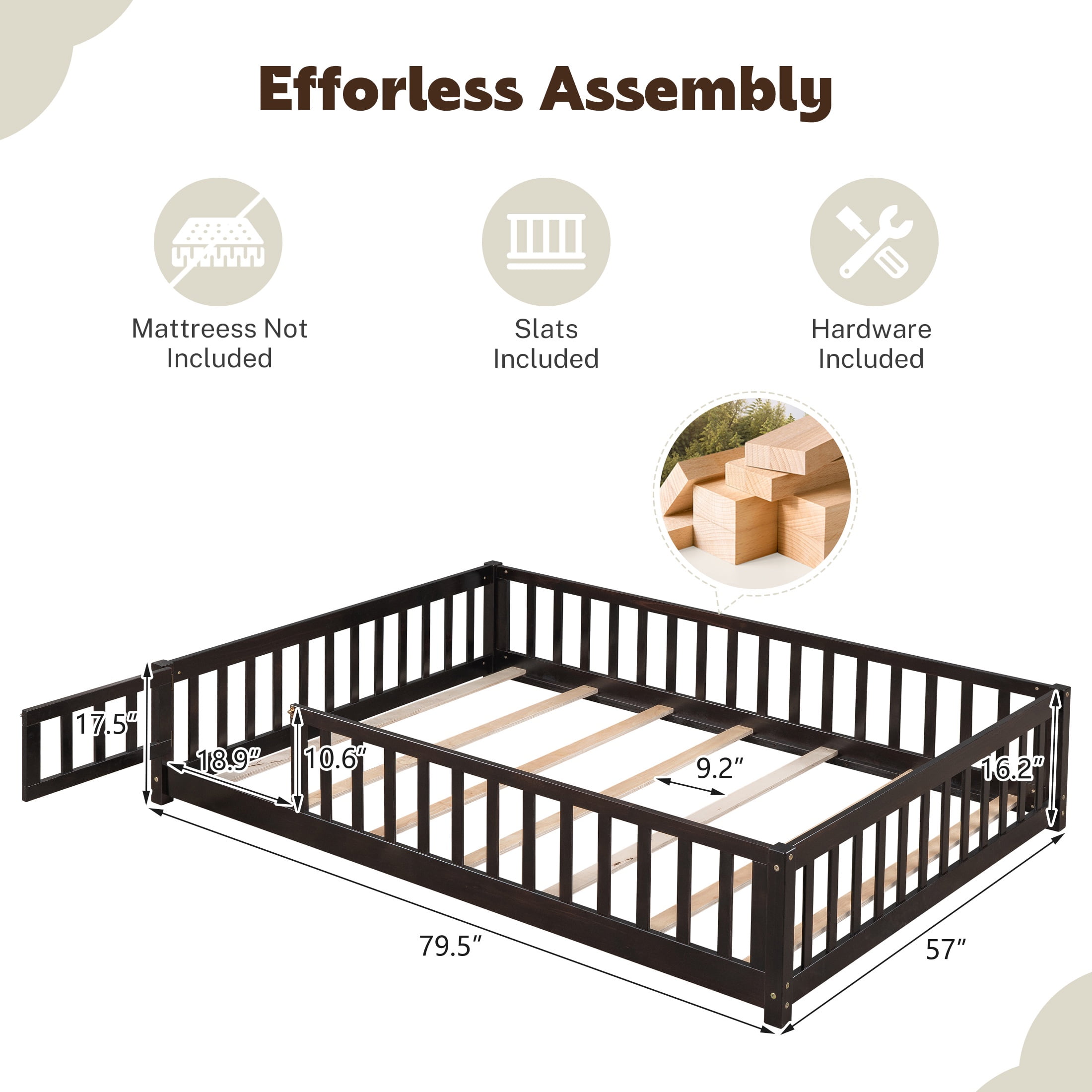 PAPROOS Full Montessor Floor Bed, Solid Wood Toddler Bed with Safety Guardrail and Door, Easy Assembly, Low-to-Floor Bed Frame with Slats for Kids, Espresso
