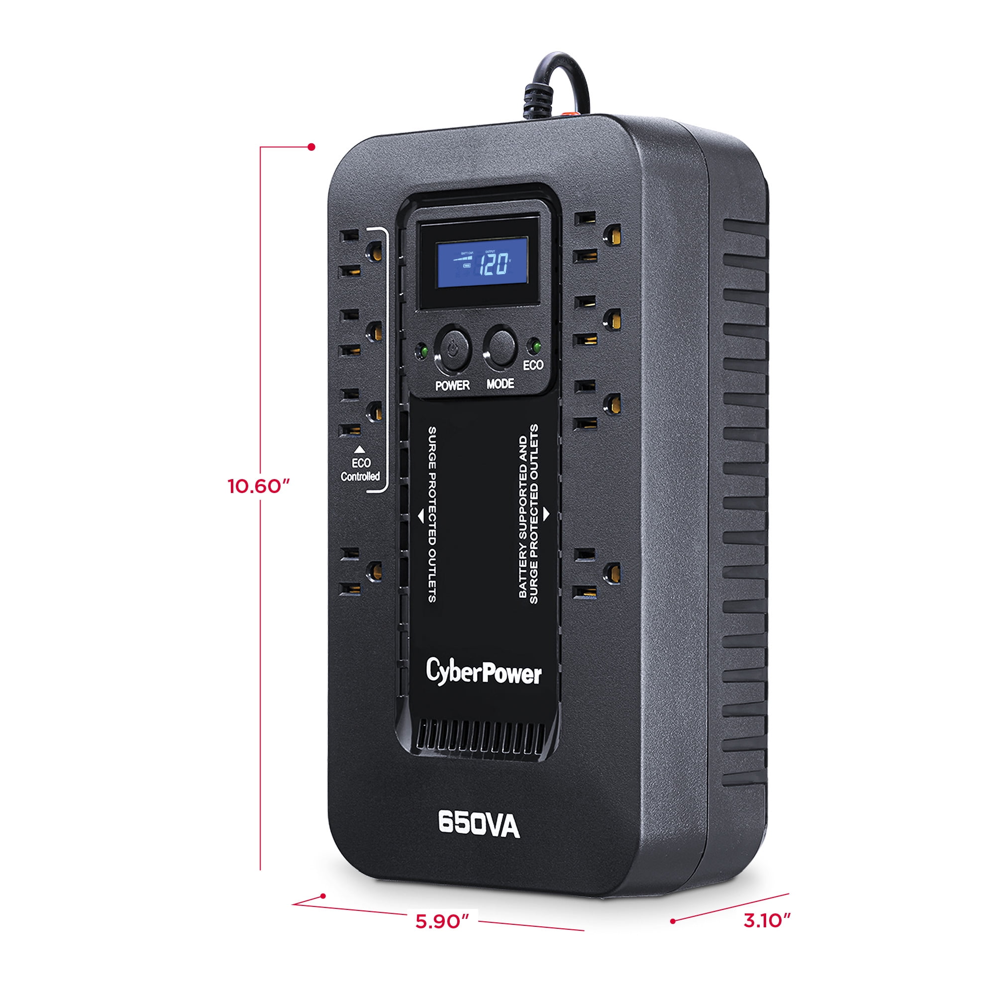CyberPower EC650LCD UPS, 650VA/390W, 120V, 8 Outlets, LCD Display, ECO Mode, 5 ft Cord, Black