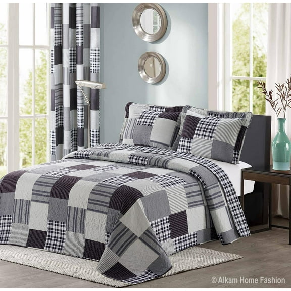 All American Collection Black and Grey Modern Plaid 3-Piece Queen Bedspread and Pillow Sham Set | Matching Curtains Available!