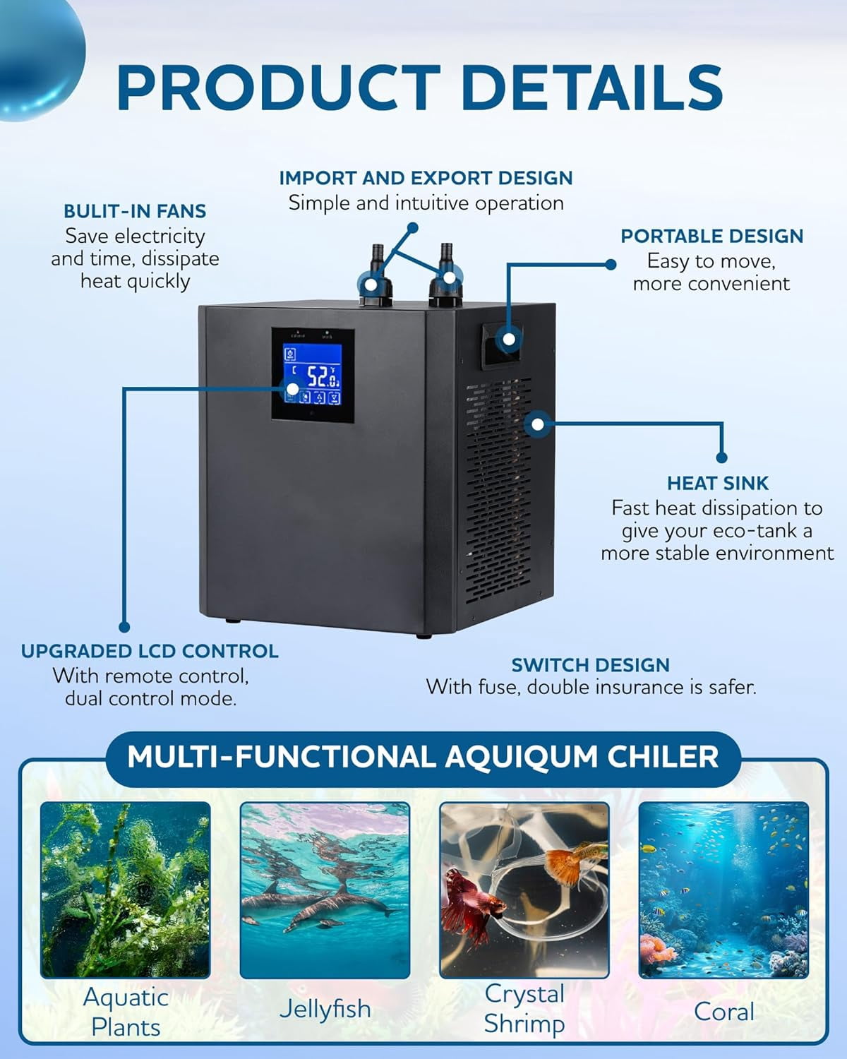 Ecojoy  300L 1/3 HP Aquarium Chiller Water Chiller Hydroponic Tank Cooler With Remote