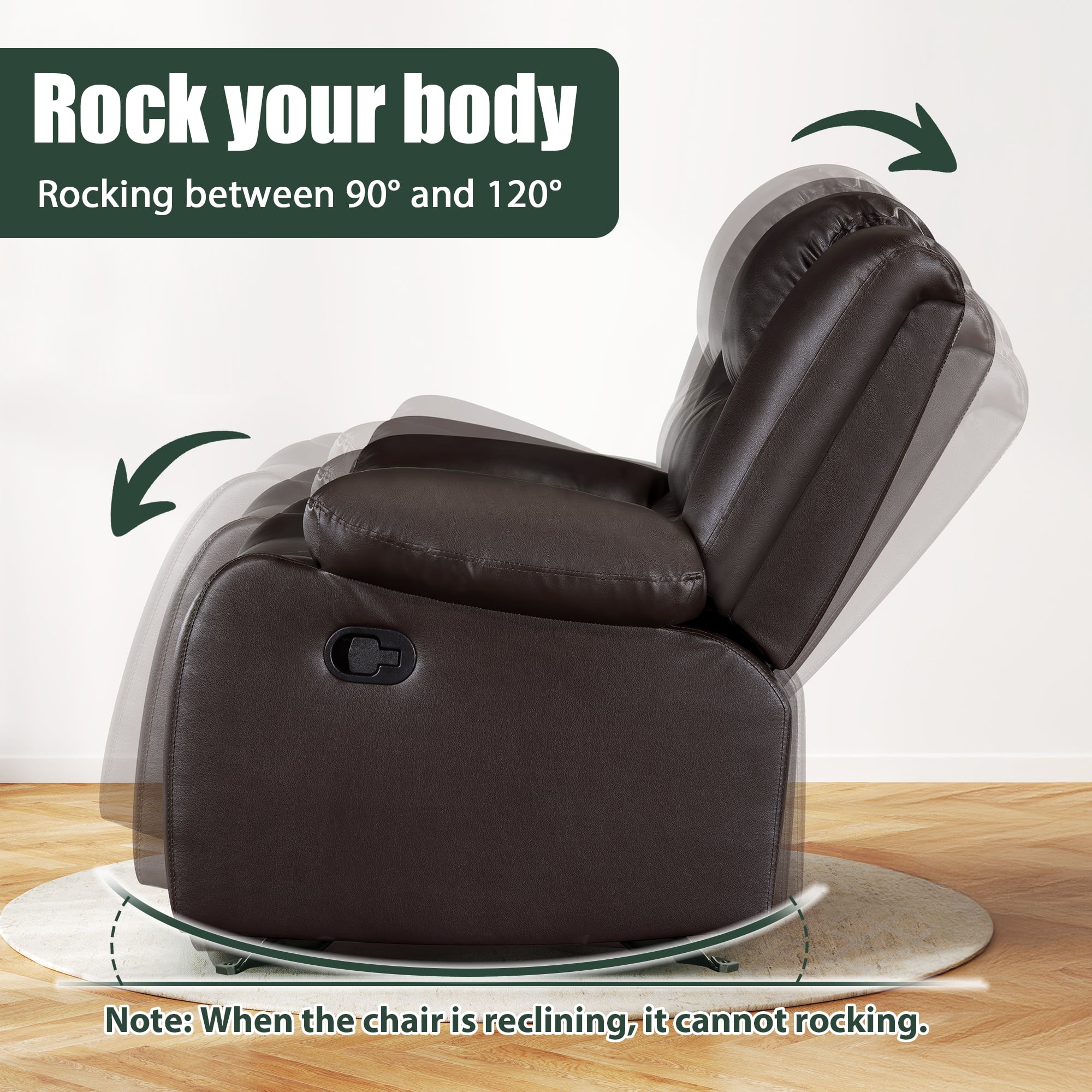 Manual Rocker Recliner Chair Leather Rocking Recliner Chairs for Small Spaces, Living Room Lounge Glider Recliners, Brown
