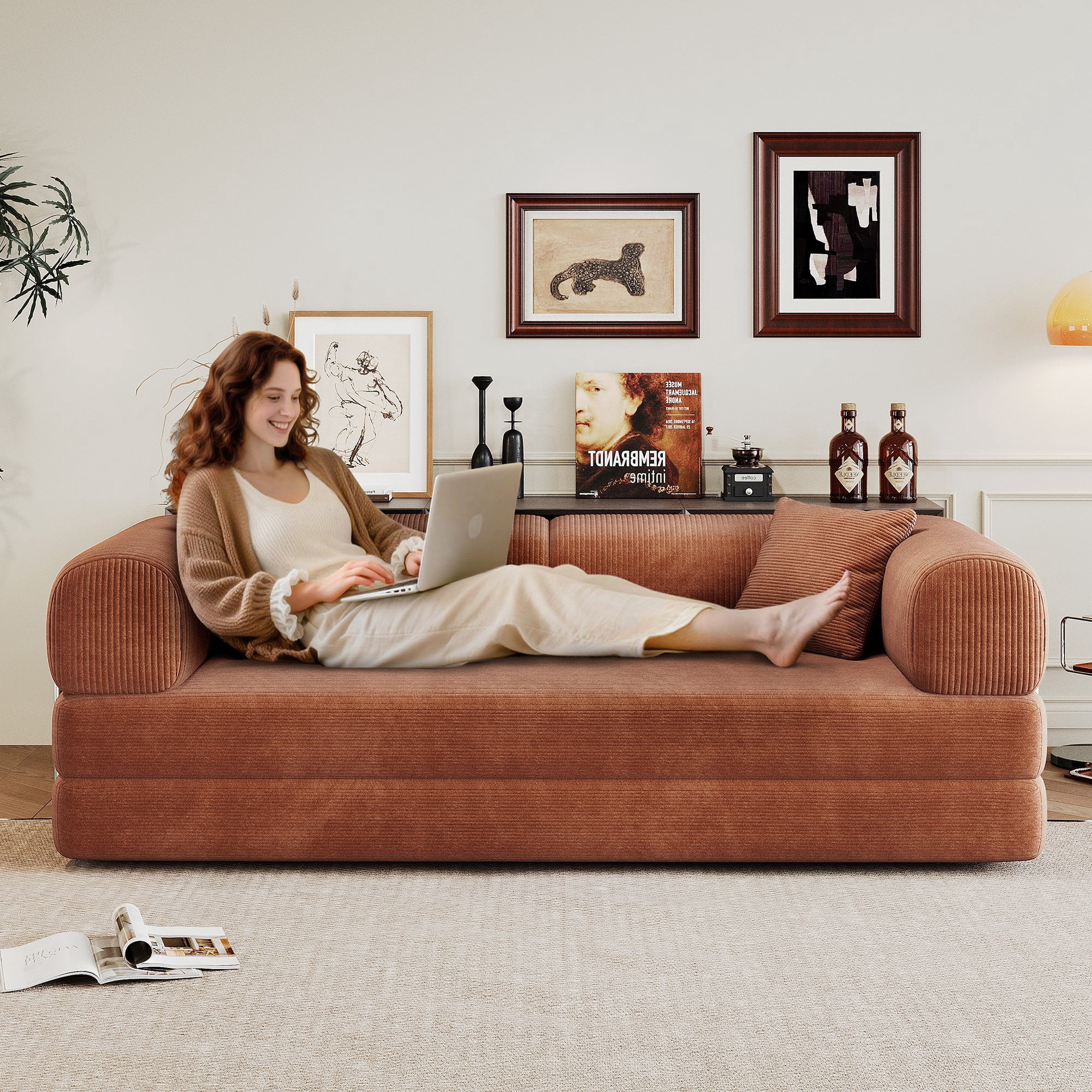 78.8" Compression Sofa Bed, Convertible Floor Futon Couch with Pillow & Armrests, Modular Corduroy Sofa, Brown