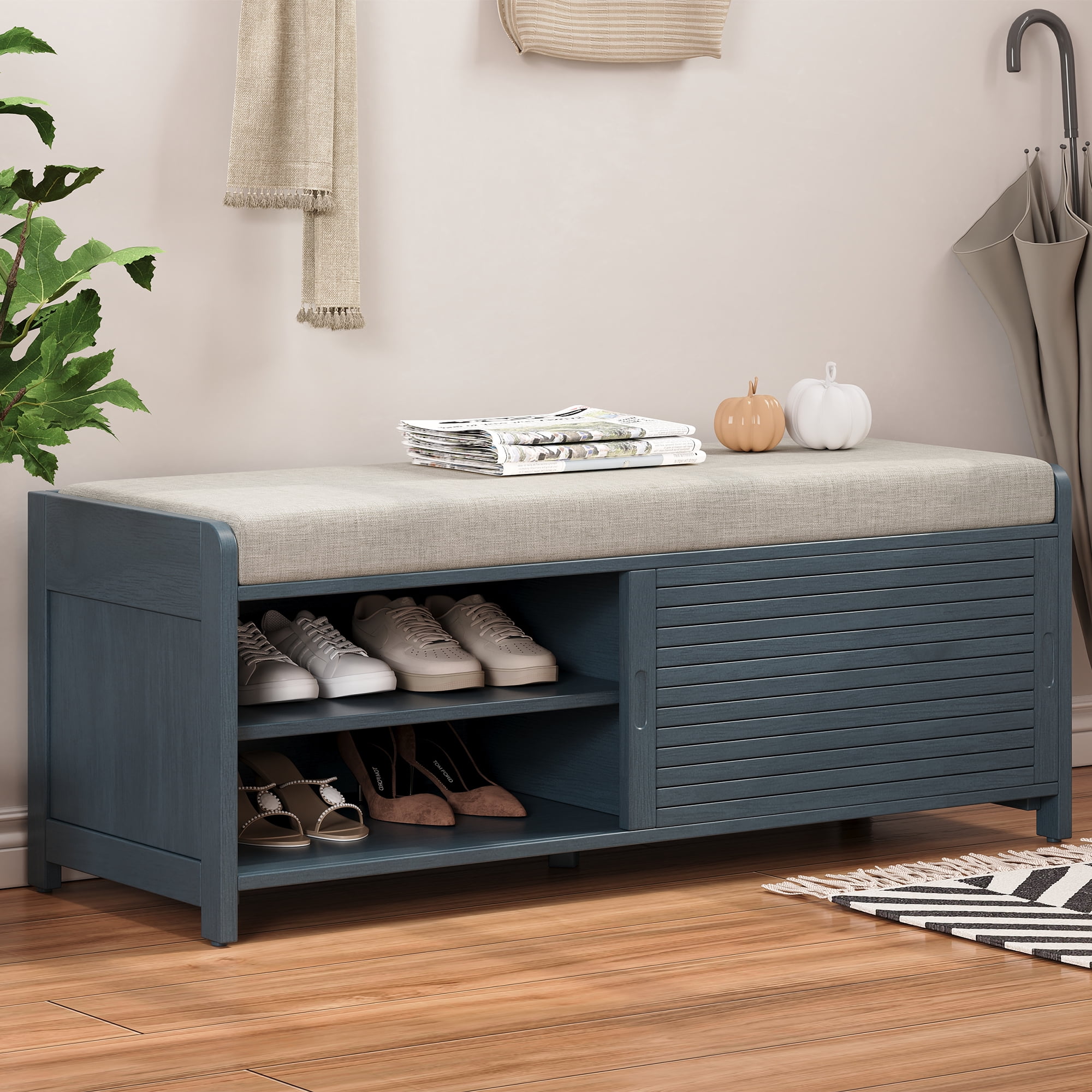 MAYEERTY Shoe Bench with Storage and Cushion, Distressed Shutter Storage Bench with Retro Charm for Living Room, Entryway, Navy