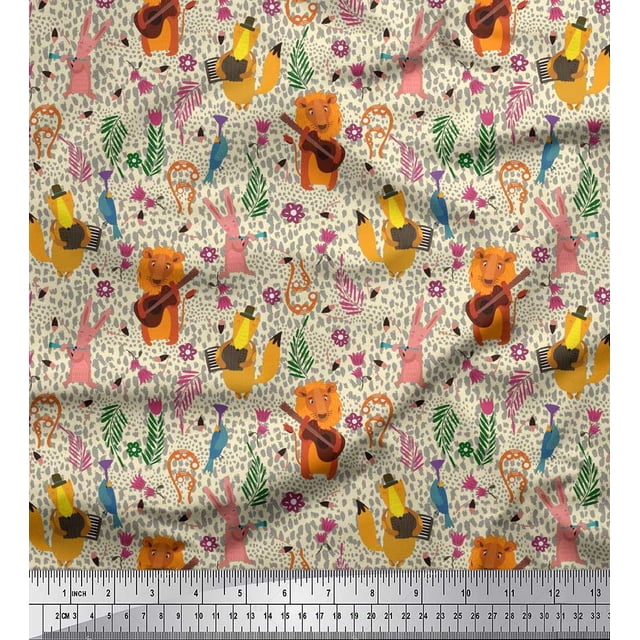 Soimoi Polyester Crepe Fabric Floral,Musical Instruments & Animals Cartoon Print Fabric by The Yard 52 Inch Wide