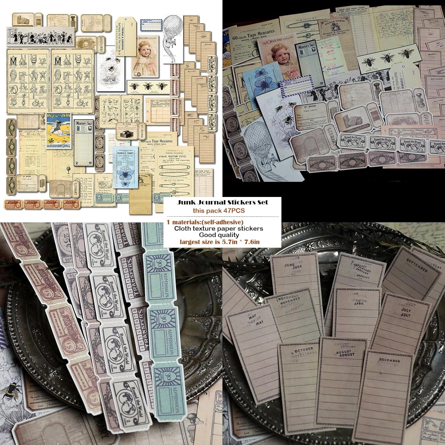 4 Packs Vintage Junk Journal Mixed Media Paper and Stickers Collage Kit Journaling Decoupage Supplies for Adults Scrapbook Craft Starter Ephemera Embellishments Photo Frame Album Art Aesthetic Decor