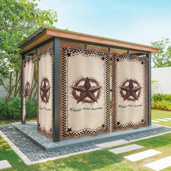 Outdoor Curtains for Patio Waterproof, Western Star Vintage Outdoor Privacy Panels Grommet, Country Texas Stars Buffalo Plaid Brown Blackout Outside Curtains for Porch/Cabana 54"x108", 1 Panel