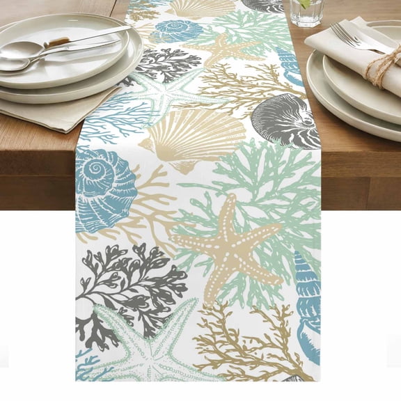 Brown Coastal Table Runner Teal Grey Sea Coral Starfish Nautical Tablerunners 13 x 60 Inch, Table Decorations Tabletop Scarf for Summer Gathering Holiday Farmhouse Kitchen Dining Decor