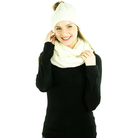 Exotic Identity Pom Pom Hat and Infinity Scarf Cable Knit 2-Piece Gift Set Snow Angel Cold Winter Wear for Women - One Size - (Best Way To Wear A Hat)