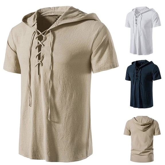 Men's Cotton Linen Hooded Shirt with Short Sleeve V-Neck Drawstring Lace up Hoodies T-Shirts Lightweight Hippie Yoga Tee Tops White