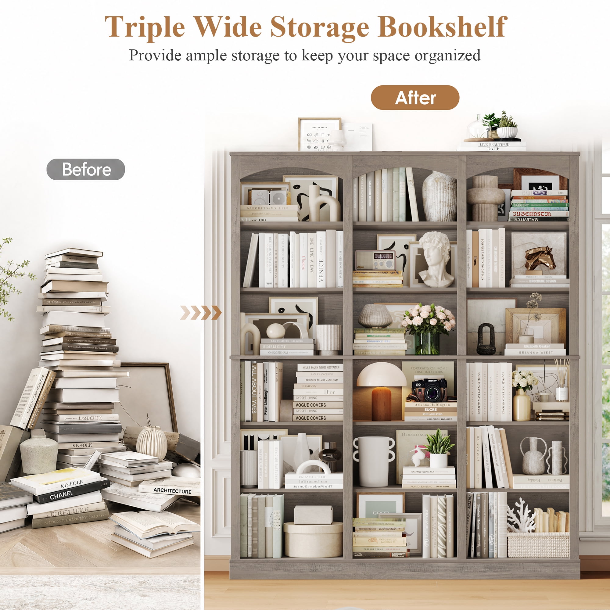 Homfa 18-Cube Bookcase and Bookshelves, 71.2" Triple Width 6 Tier Freestanding Arch Library Cabinet for Home Office Living Room, Wash Gray