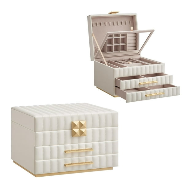 Caja Joyero de 3 Capas con Espejo, Organizador Joyas con 2 Cajones, Superficie PU, 21.5 x 24 x 15.8 cm, Regalo, Blanco Nube