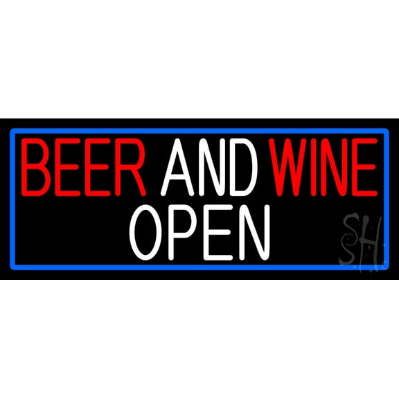 Beer And Wine Open With Blue Border LED Neon Sign 13 x 32 - inches, Clear Edge Cut Acrylic Backing, with Dimmer - Bright and Premium built indoor LED Neon Sign for Bar decor.