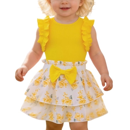 Ulitacool Girl Summer Outfits Crewneck Ruffle Top Bow Print Skirt Two Piece Coordinated Set Soft Clothing Yellow 18-24 Months