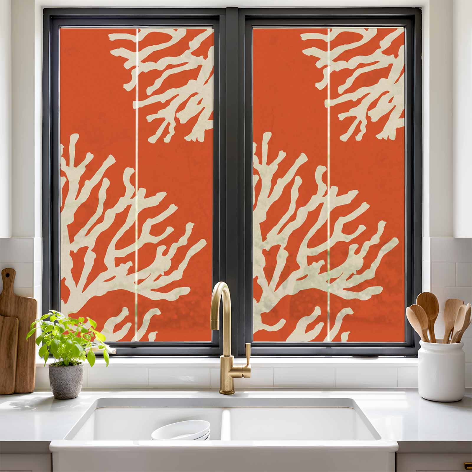 Coral Orange Window Privacy Film, Coastal White Ocean Marine Nautical Beach Static Cling UV Sun Blocking Heat Control Window Tint, Non-Adhesive One Way Windows Privacy Cover 17.7''x39.3''
