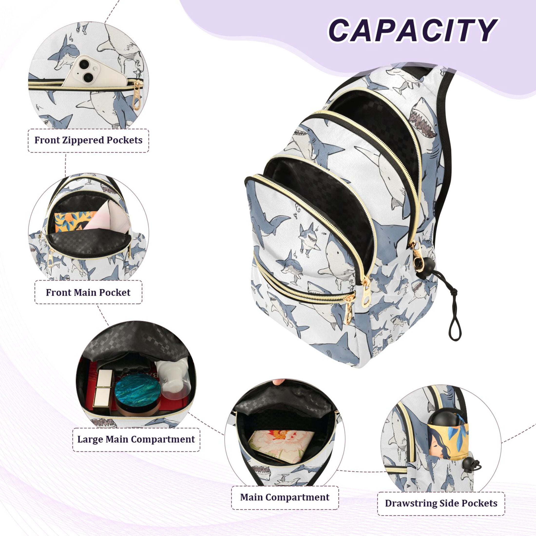 Crossbody Sling Bag for Women Shoulder Purse Trendy Daypack with Adjustable Strap Blue Shark with White Belly