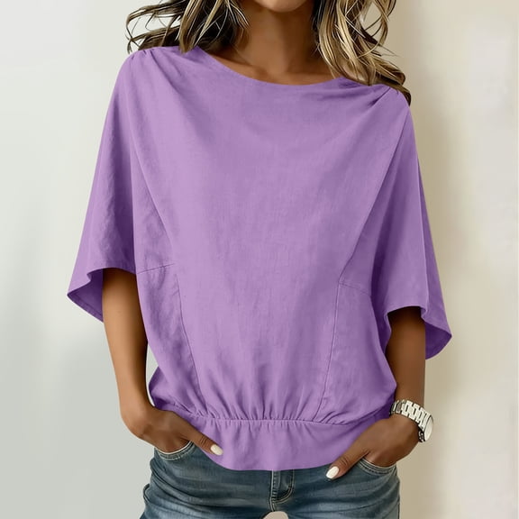 Babysbule Women's Cotton Linen Blend Batwing Sleeve Blouse, Casual Boat Neck Gathered Hem Solid Color Top for Summer and Spring Daily Wear