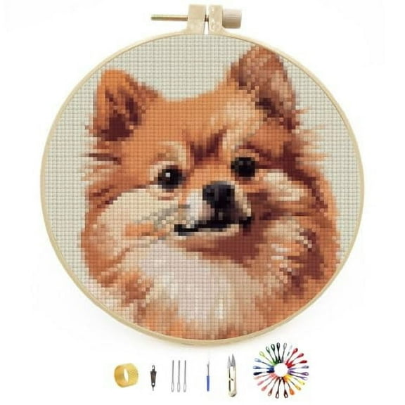 Cute Brown Pomeranian Dog Stamped Cross Stitch Kits for Beginners with Hoop Simple Patterns 11CT Counted Embroidery Needlepoint Crafts Arts for DIY Enthusiasts and Home Decor 26x26cm(1)