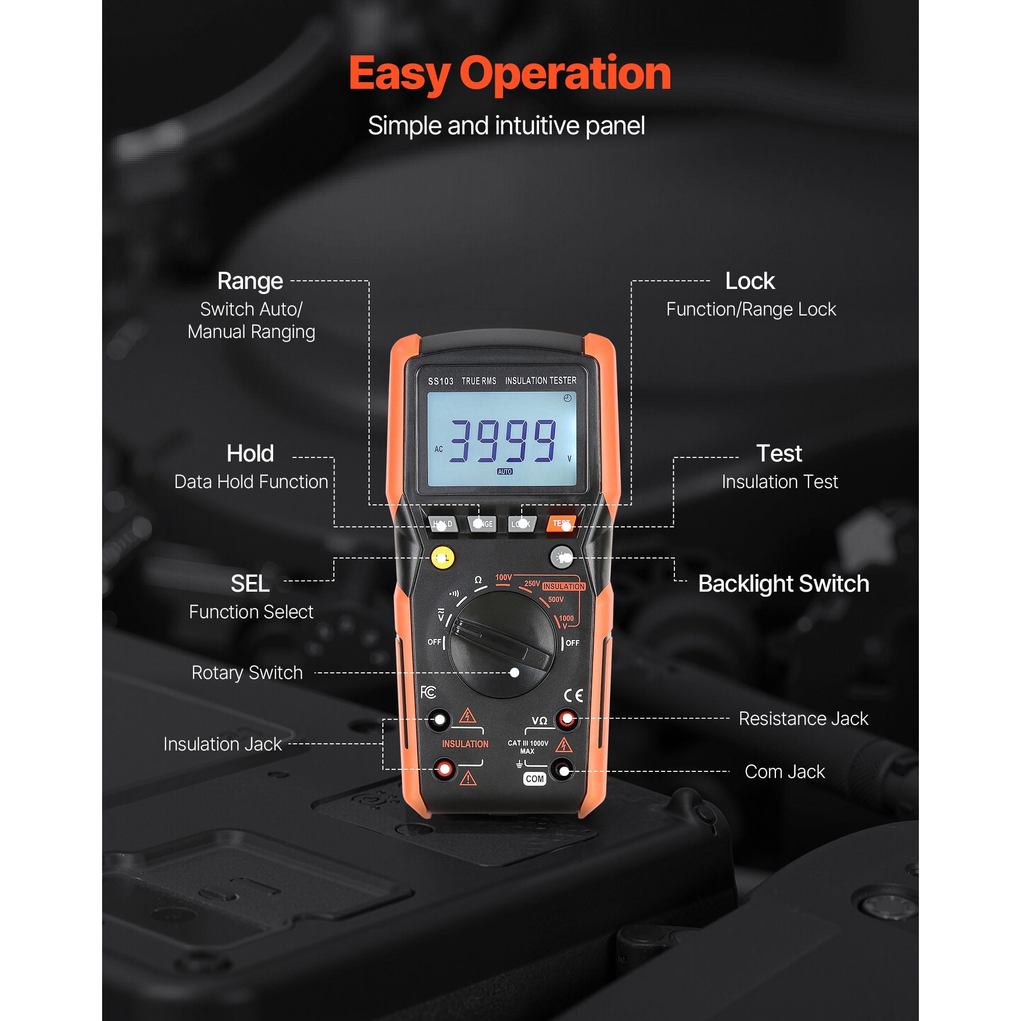 KFFKFF Digital Multimeter, 4000-Count TRMS Voltmeter Ohmmeter, 1000V AC/DC Voltage Tester with Auto/Manual Range for Measuring Voltage, Resistance, and Continuity