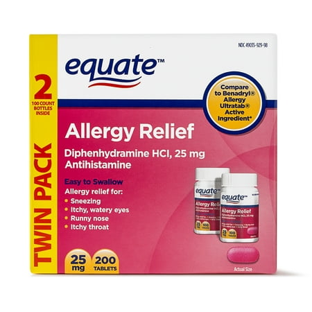 Equate Allergy Relief Antihistamine Tablets, 25 mg, 100 Ct, 2 (Best Antihistamine For Cat Allergies)