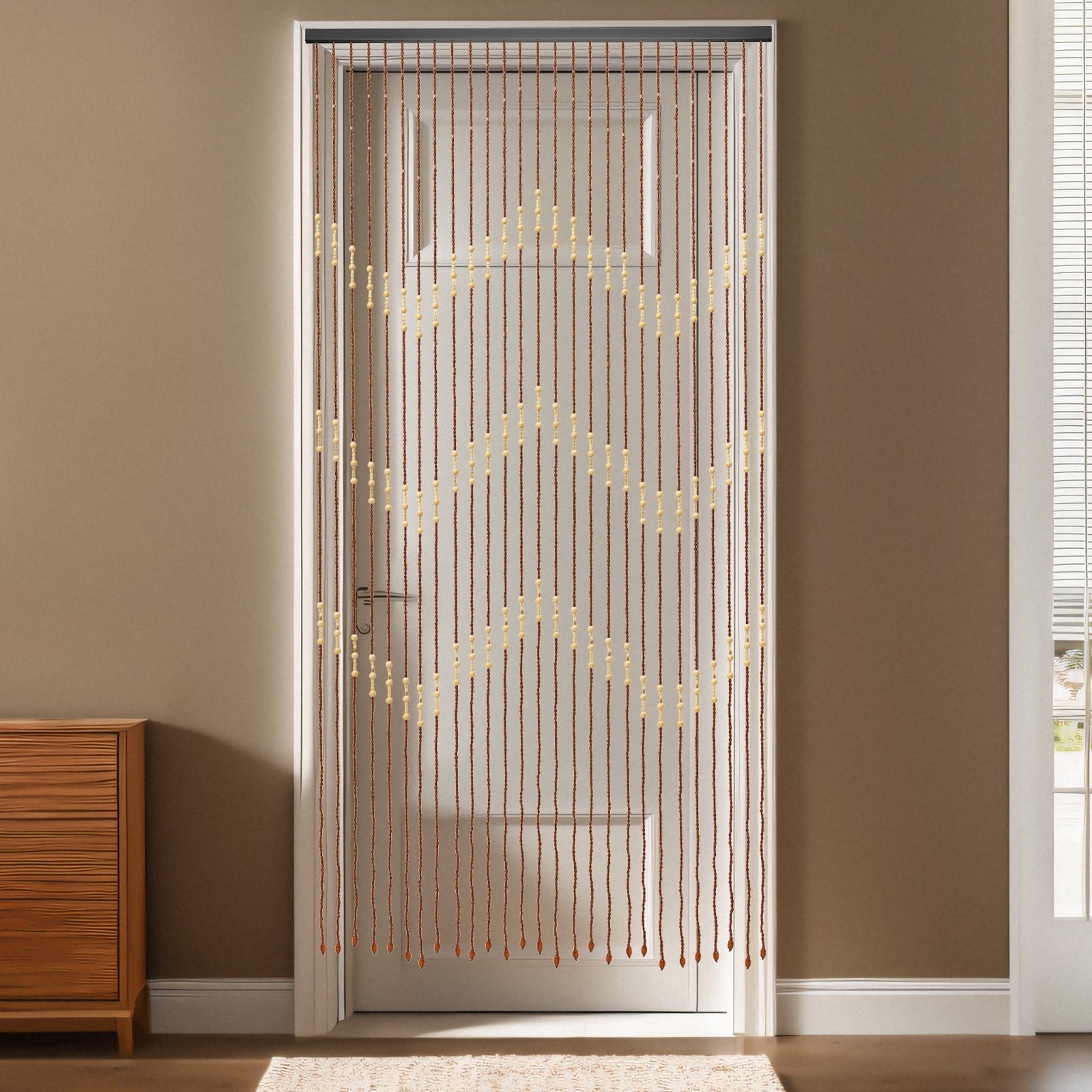 Wood Beaded Curtain 27 Line Wave Dense Fringe Beaded Door Curtain Retro Room Divider 90 x 175 cm