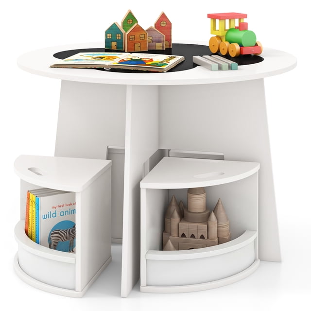 Gymax Ensemble de Table et Chaises pour Enfants 5 Pcs avec Tableau Noir Inscriptible et Tabourets de Rangement pour Lecture Blanc