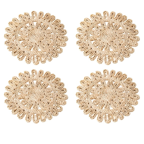 4 Pcs Round Corn Bran Placemats, 14.2 in / 36 cm Boho Woven Table Mats, Natural Farmhouse Plate Charger, Handmade Rustic Wicker Placemat for Dining Tables, Heat Resistant Hot Pot Pad, Light Brown