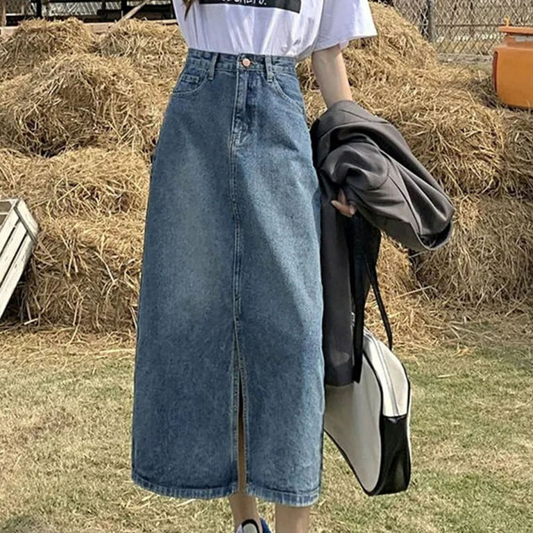 Denim Maxi Skirt High Waisted Denim Jumper Skirt Blue Patchwork